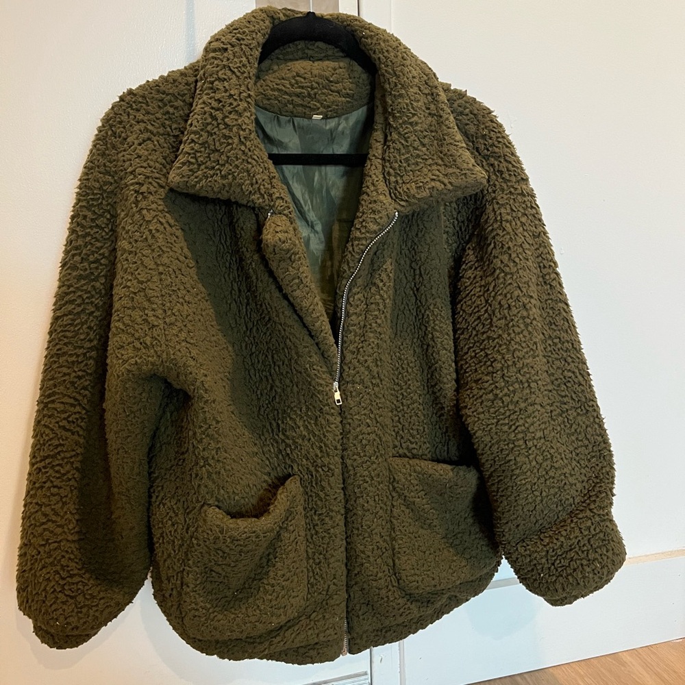 Green Teddy Jacket with Oversized Fit and Fuzzy Material